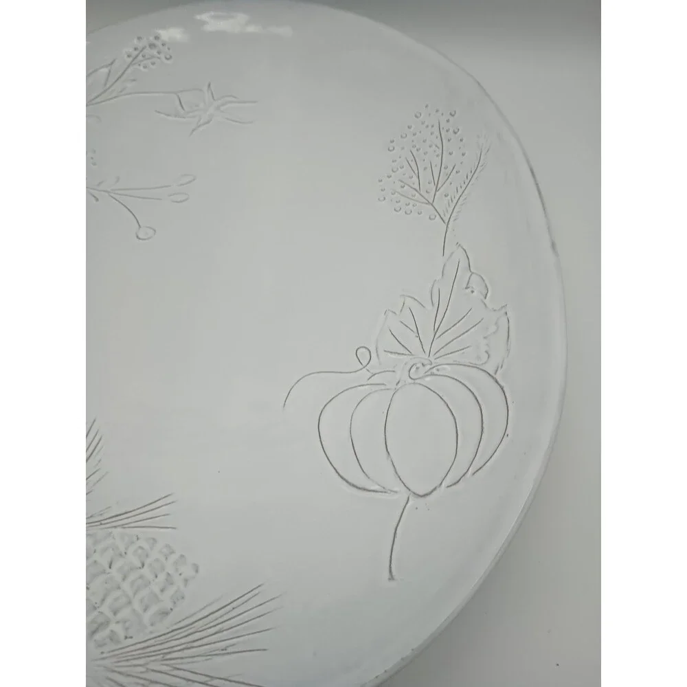 Sur La Table Platter Oval Embossed Pumpkin White Pine Branch Cone